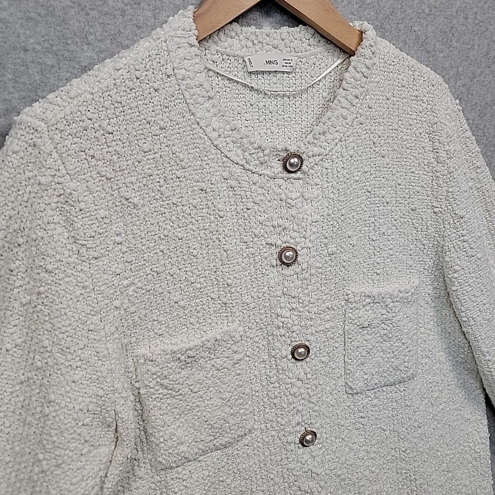 MANGO Womens XL Boucle Texture Knit Jewel Button Cardigan Lady Sweater White